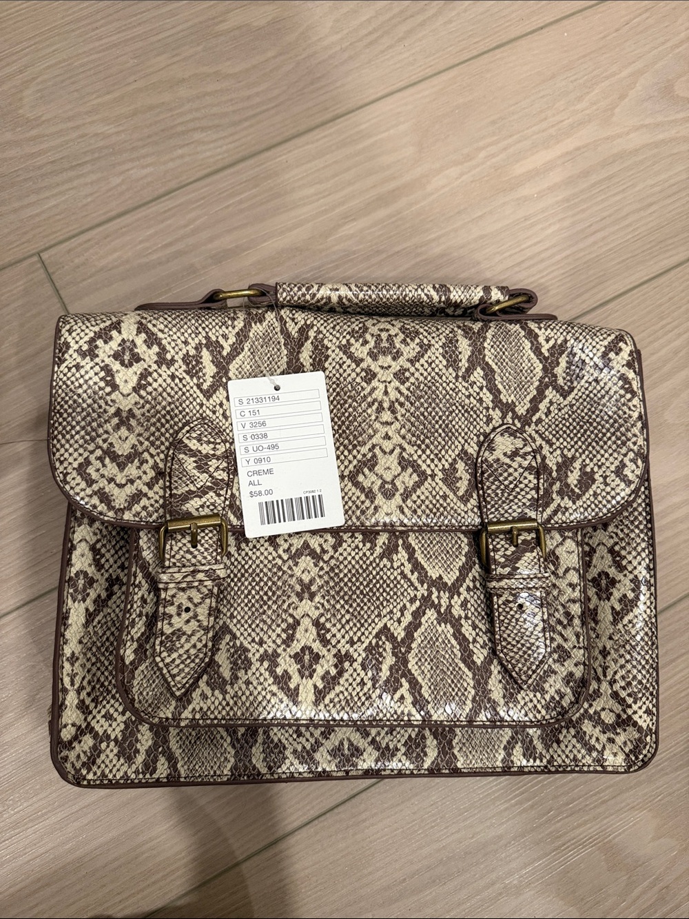 BDG Cream and Brown Snake-Print Satchel with Top Handle